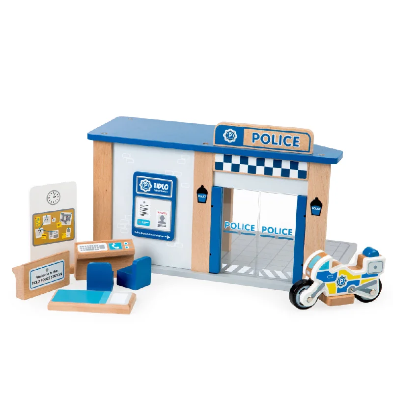 Tidlo Wooden Police Station Playset, Features Sliding Doors