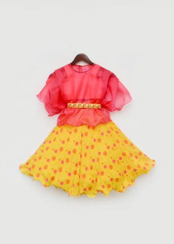 Pre-Order: Yellow Georgette Lehenga with Pink Top and Organza Cape