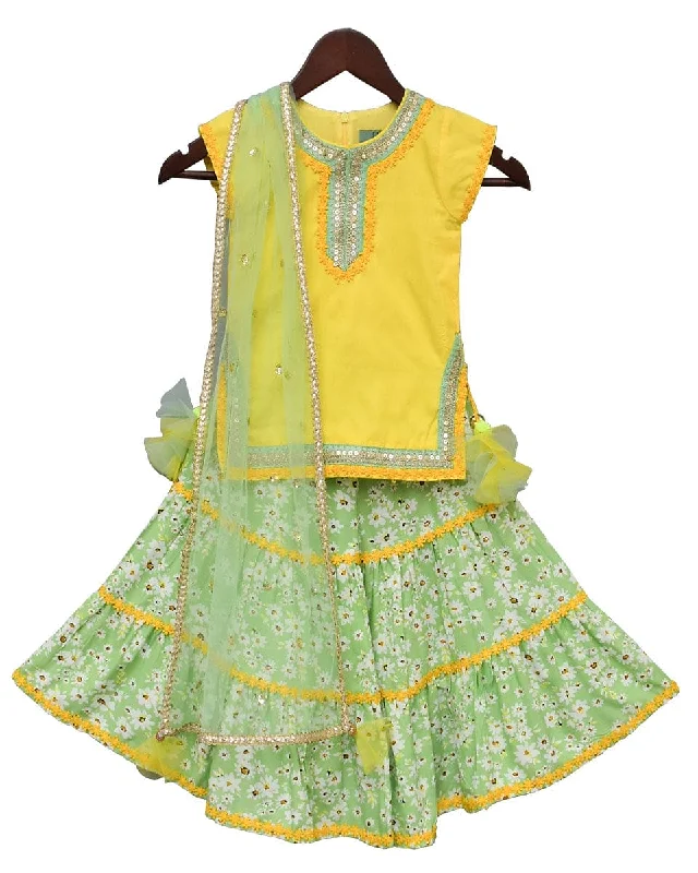 Pre-Order: Yellow Kurti with Green Printed Sharara