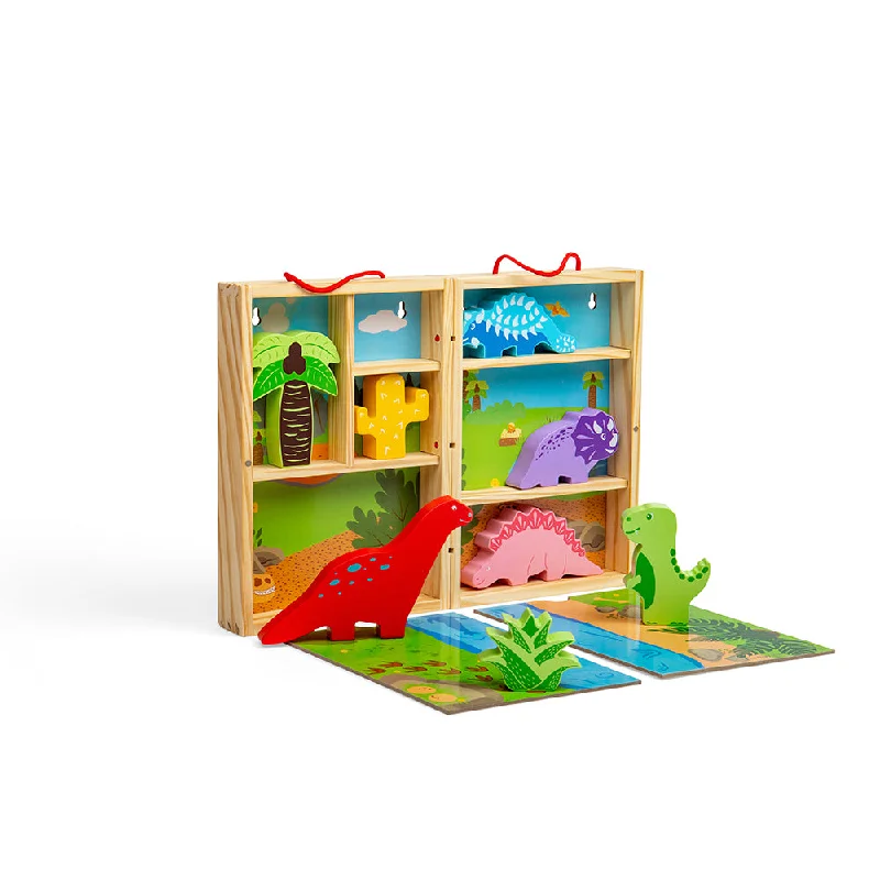 Bigjigs Toys Wooden Dinosaur Play Box With 5 Dinosaurs & 2 Play Mats