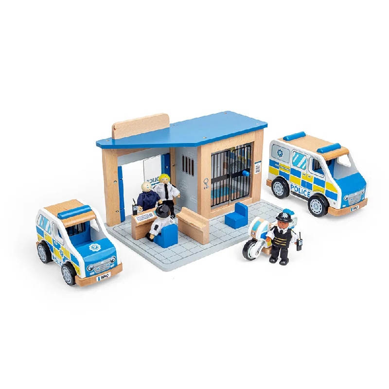 Tidlo Wooden Police Station Bundle, Includes Vehicles & 4 Figures