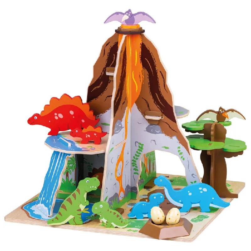 Bigjigs Toys Wooden Dinosaur Island Playset, Includes 8 Dinosaurs