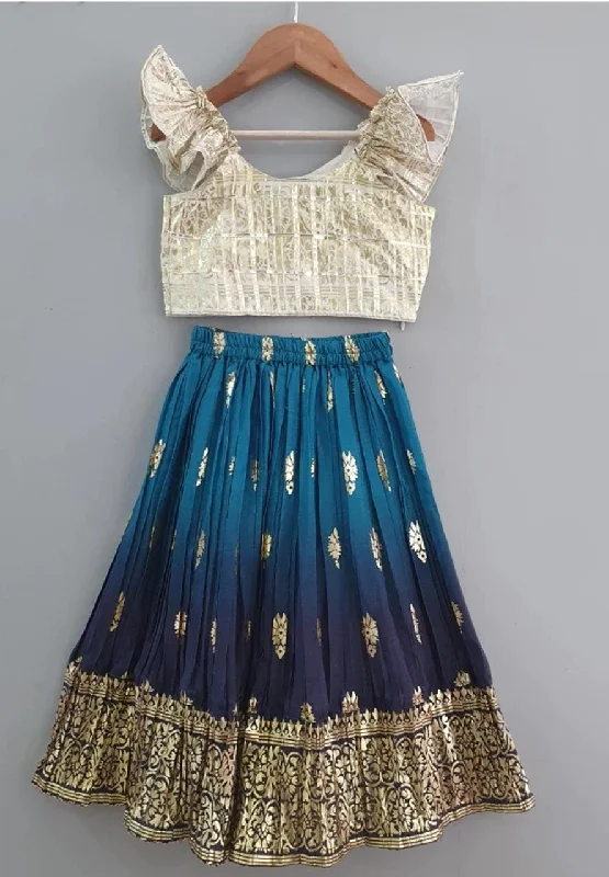 Pre-Order: Cream & Teal Colour Foil Print Lehenga with Frilly Top