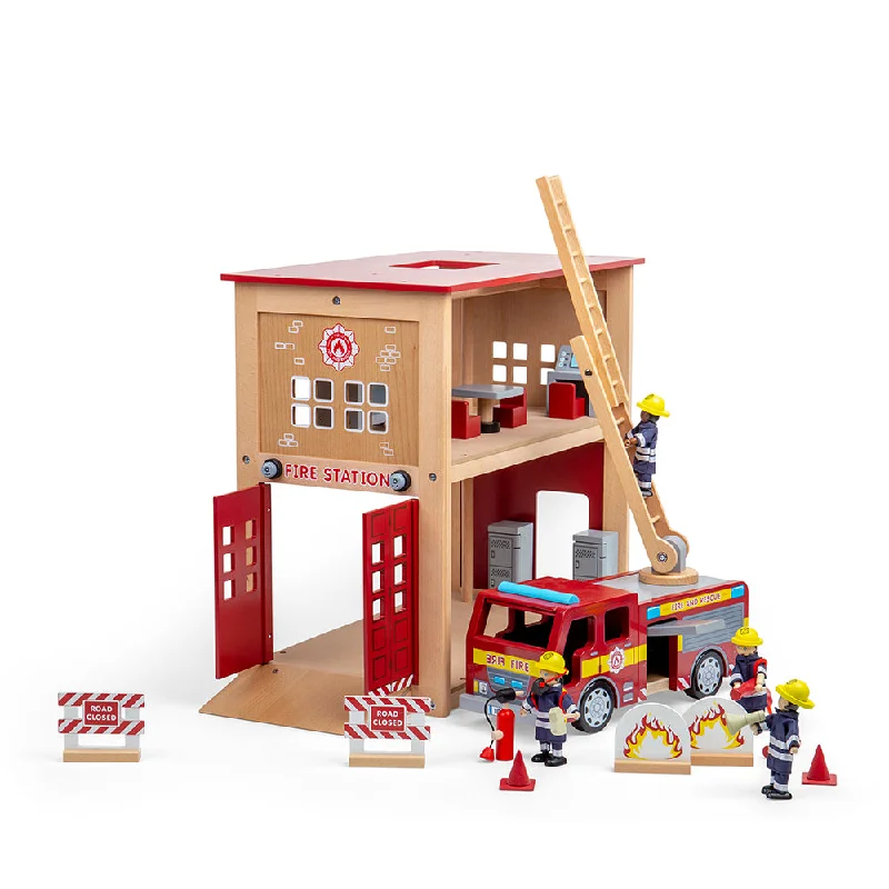 Tidlo Wooden Fire Station Bundle, Includes Fire Engine & 4 Figures