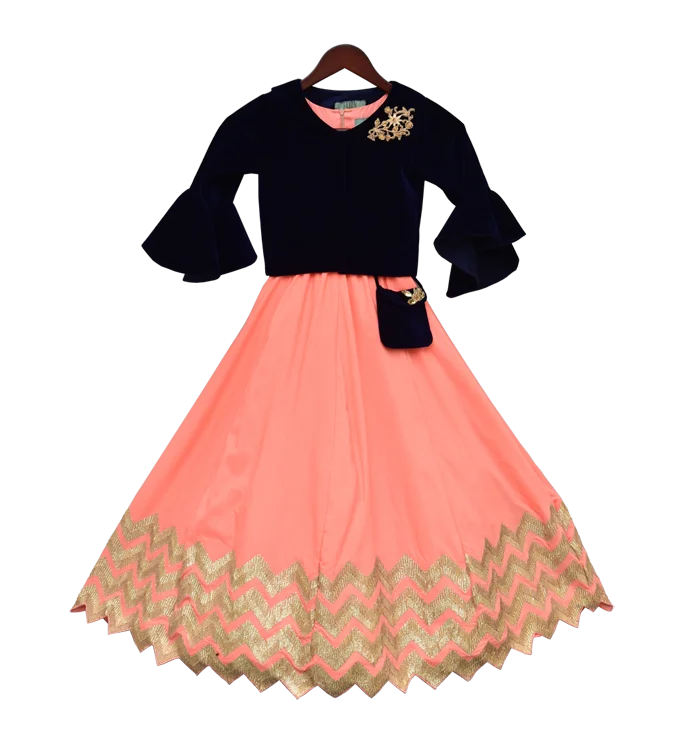 Pre-Order: Peach Gota Anarkali Dress with Dark Blue Jacket