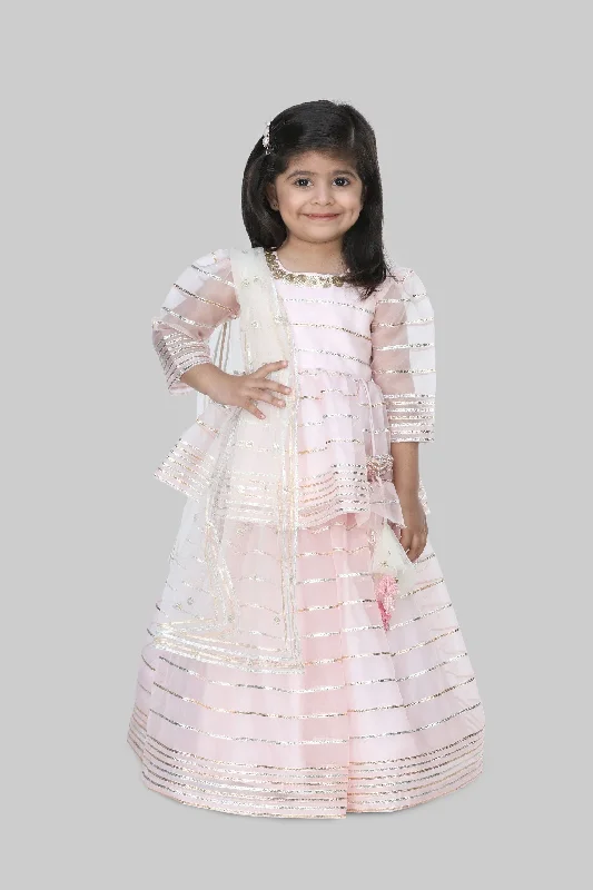 Pre-Order:  Baby Pink Lace Work Top With Lehenga And Dupatta