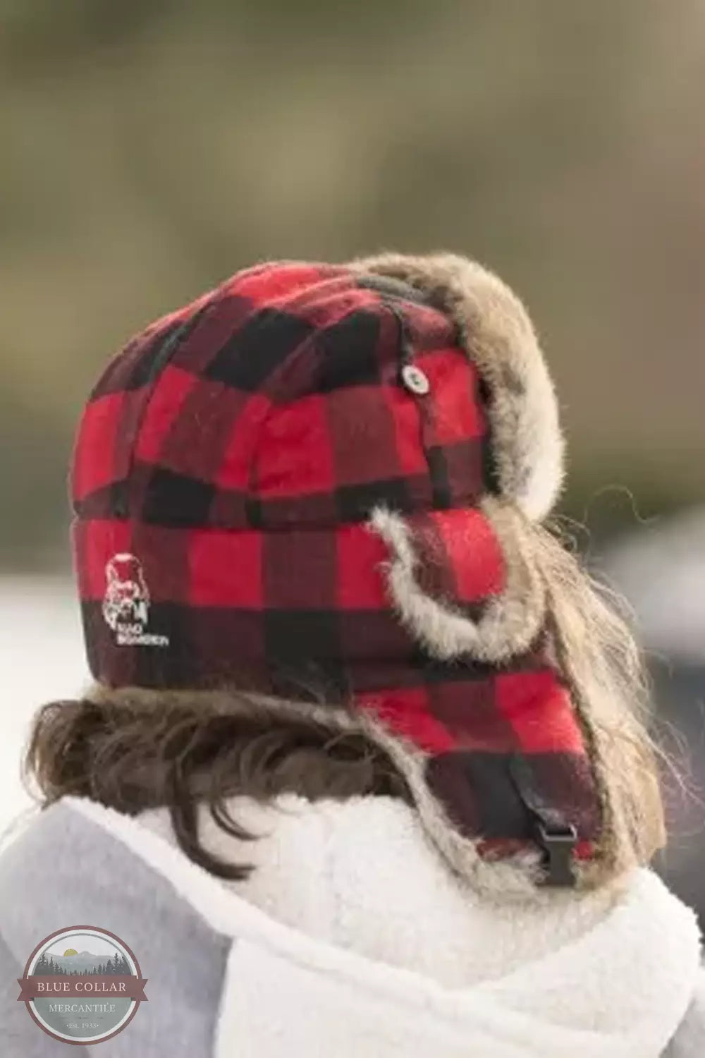 Red/Black Plaid Wool Bomber Hat w/ Brown Fur 305WRED