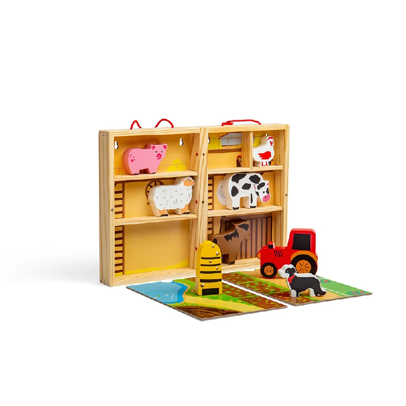 Bigjigs Toys Wooden Farm Play Box With 5 Farm Animals & 2 Play Mats