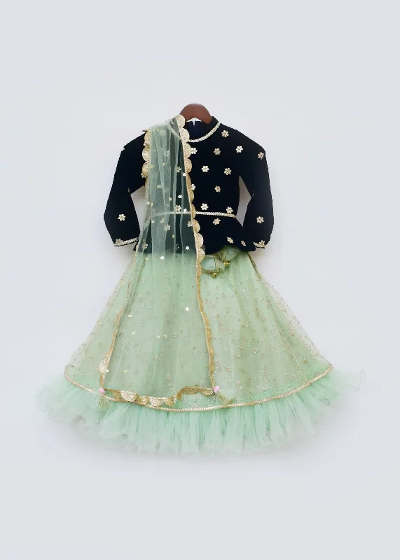 Pre-Order: Dark Blue Velvet Jacket with Green Glitter net Lehenga and Dupatta