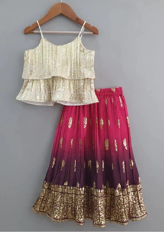 Pre-Order: Cream & Magenta Colour Foil Print Lehenga with Layered Top