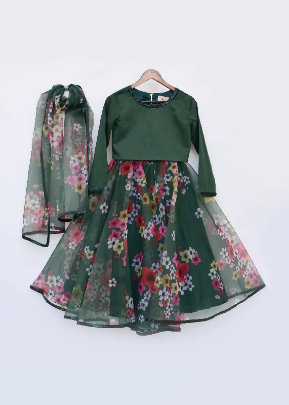 Pre-Order:  Green top with Green Printed Organza Lehenga and Dupatta