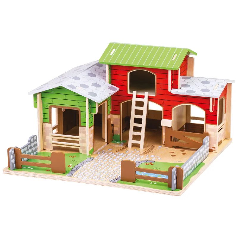 Bigjigs Toys Wooden 'cobblestone' Farm Playset, Removable Roof Panels