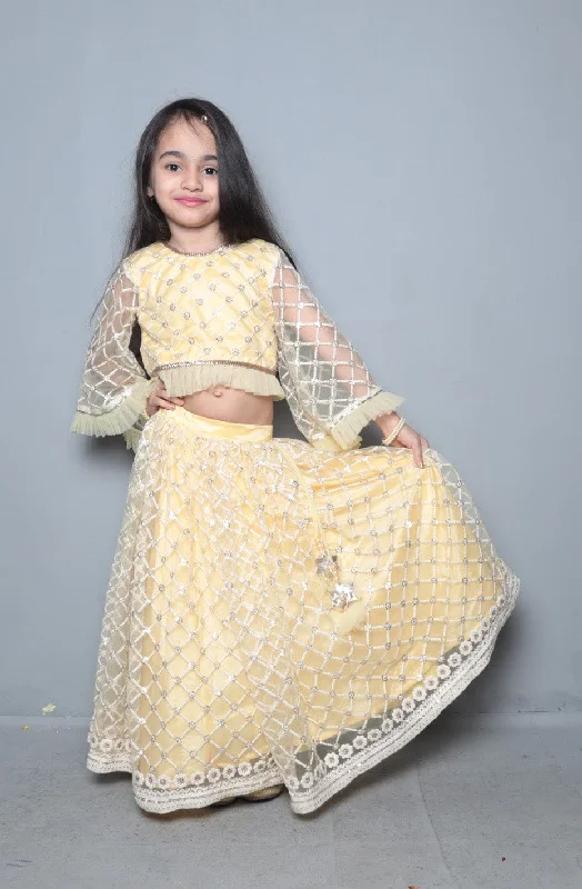 Pre-Order: Yellow Lakhnavi Work Top And Lehenga