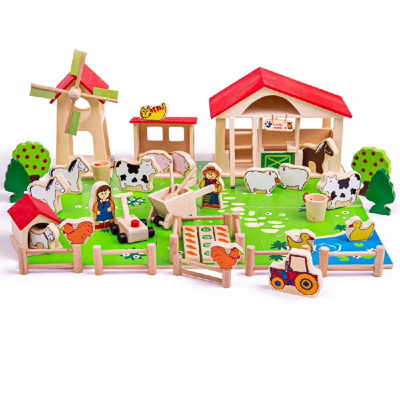 Bigjigs Toys Wooden Farm Playset, Farm Toys, Includes 50 Play Pieces