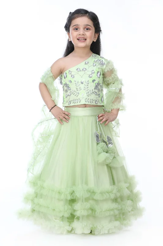 Pre-Order: Green One Shoulder Top With Frilly Lehenga And Dupatta