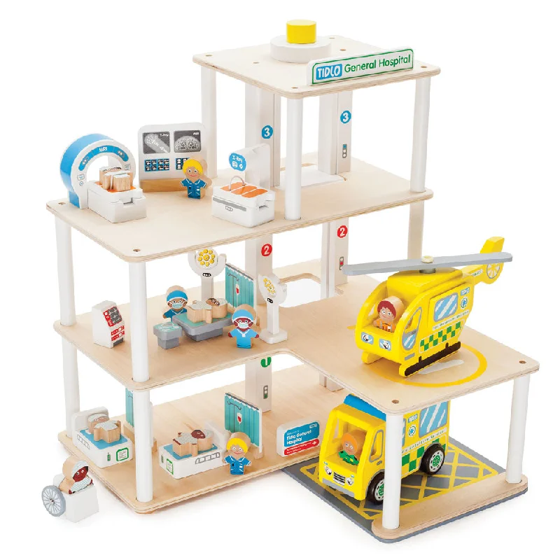 Tidlo Wooden Hospital Playset With Three Floors & 30 Play Pieces