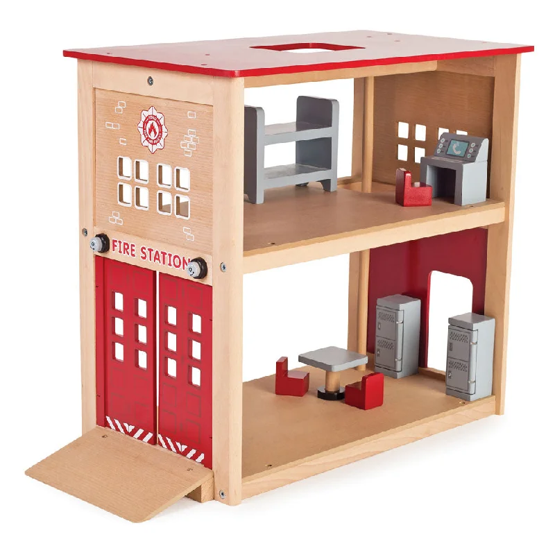 Tidlo Wooden Fire Station Playset, Open Plan Design, 50cm Tall