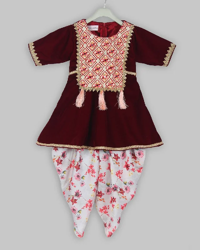 Pre-Order: Mehroon Velvet Kurti with printed Dhoti