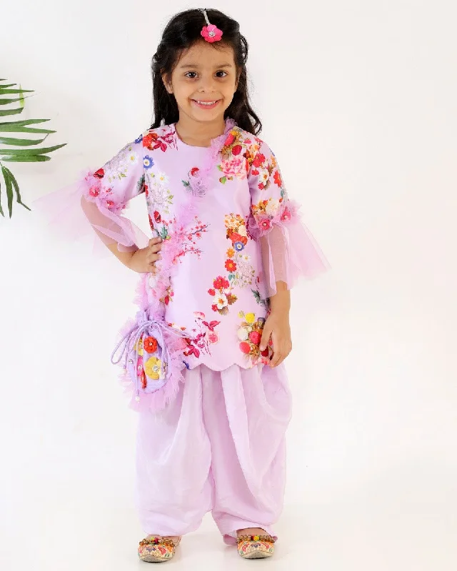 Pre-Order: Floral Print Kurta with Patiala and Bag