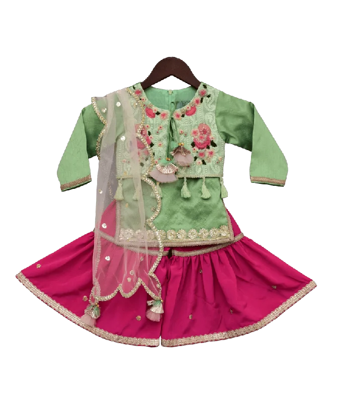 Pre-Order: Pista Green Kurti with attached Phulkari Jacket & Sharara