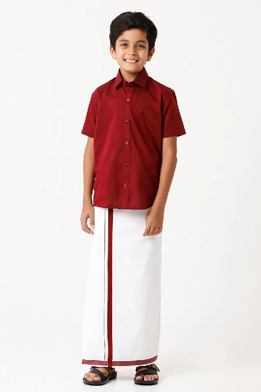 Varna - Maroon Matching Fixit Dhoti and Shirt 2 in 1 Set For Kids | Uathayam