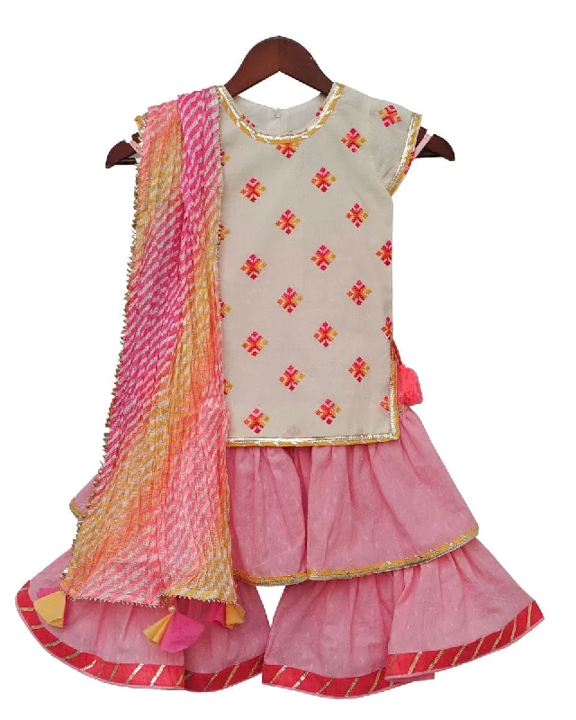 Pre-Order: White Multi Colour Bootie Kurti with Pink Sharara