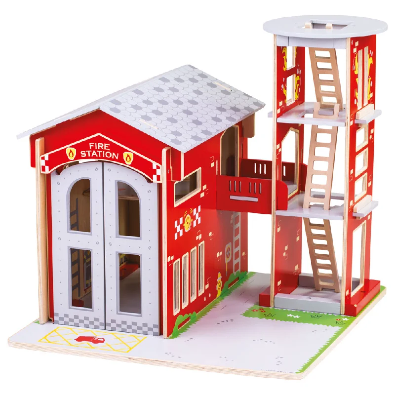 Bigjigs Toys Wooden City Fire Station Playset, Removable Roof Panels