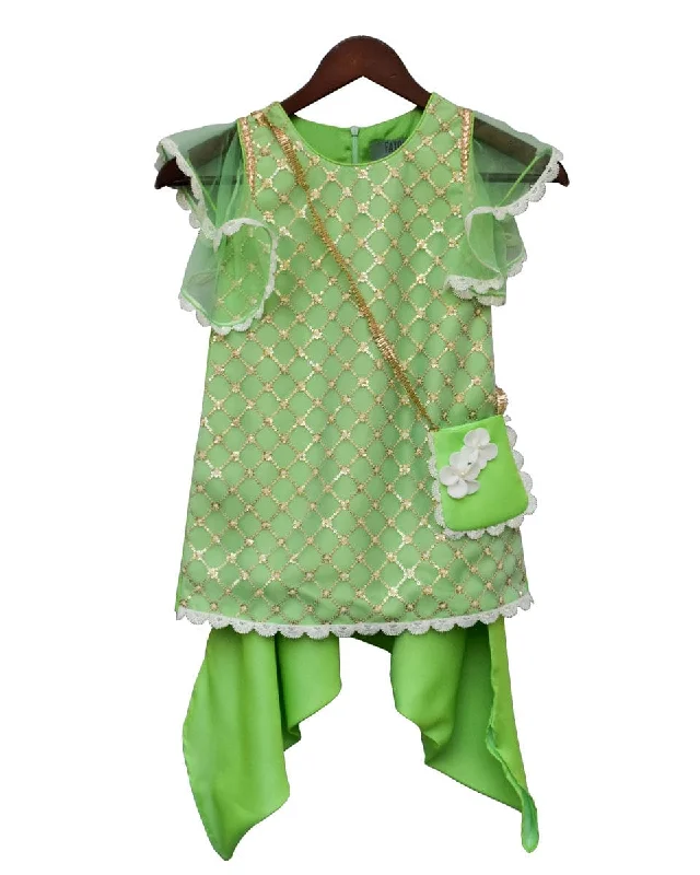 Pre-Order: Green Butti Net Kurti with Dhoti