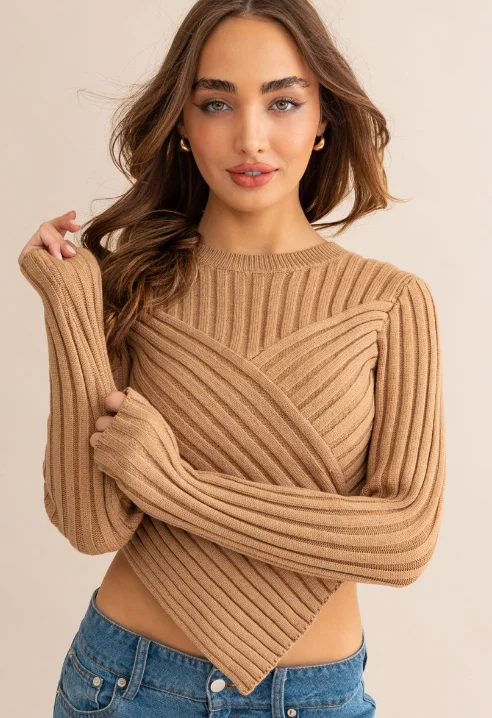 Asymmetrical Tan Sweater by Lelis with Scarf Hem