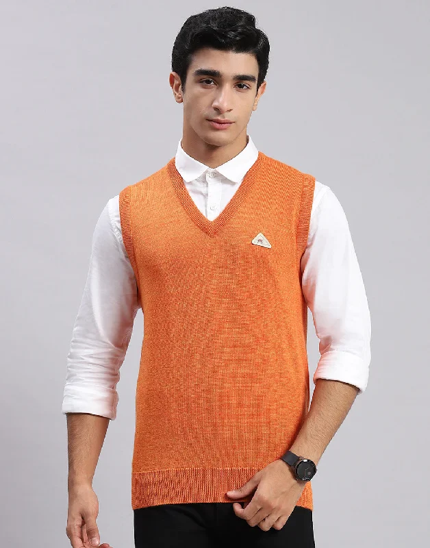 Men Orange Solid V Neck Sleeveless Sweaters/Pullovers