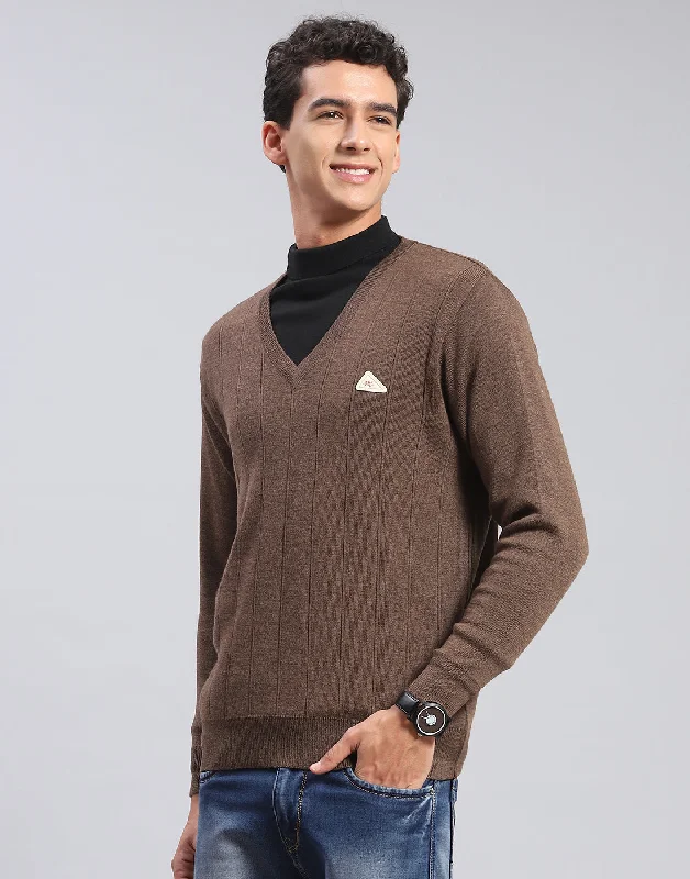 Men Brown Solid V Neck Full Sleeve Pullover