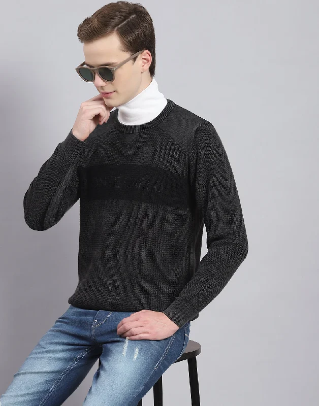 Men Grey Self Design Round Neck Full Sleeve Sweater