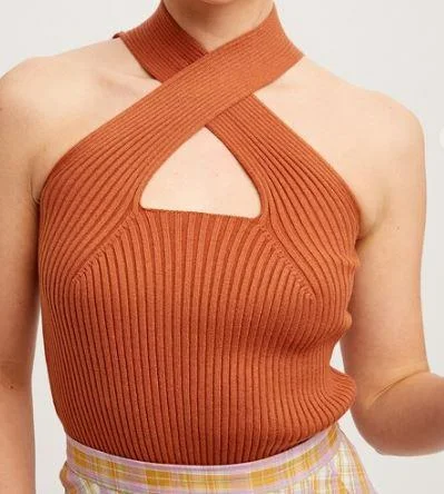 Classy Butterscotch Ribbed Knit Cross Neck Top