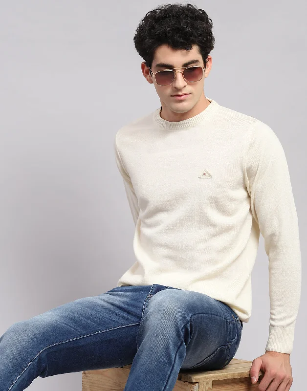 Men Cream Solid Round Neck Full Sleeve Pullover