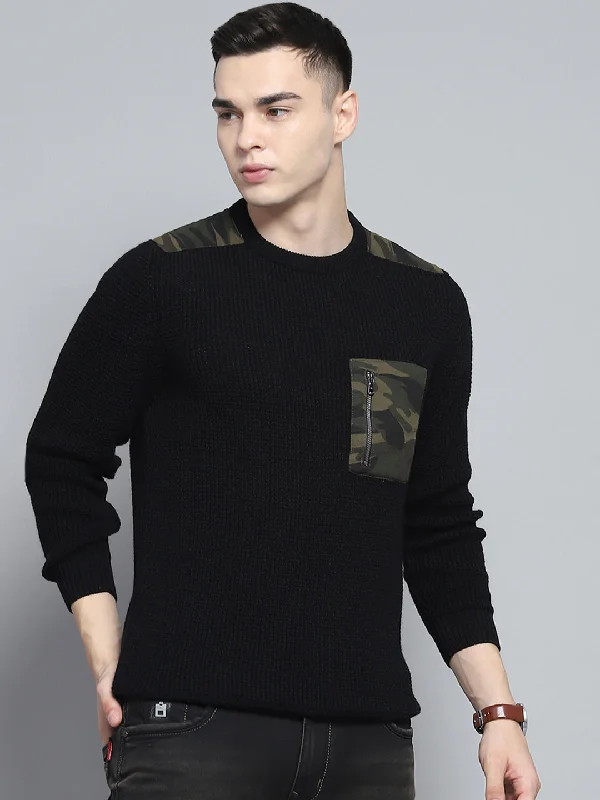 Men Black Self Design Round Neck Full Sleeve Pullover