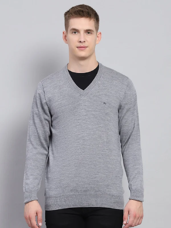 Men Grey Solid V Neck Full Sleeve Pullover