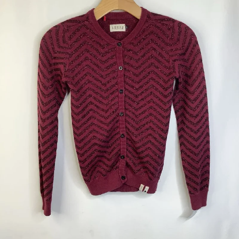 Size 10: Looxs Red Sparkly Chevron Striped Button-Up Cardigan