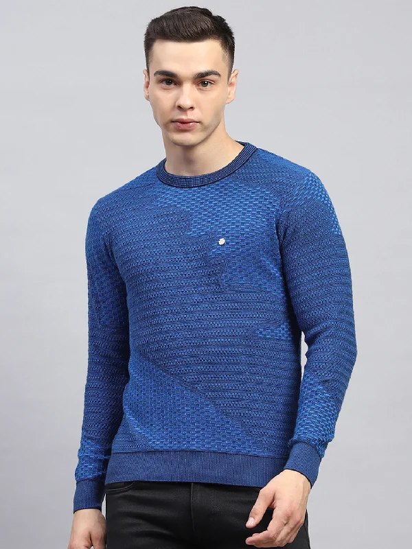 Men Blue Self Design Round Neck Full Sleeve Pullover