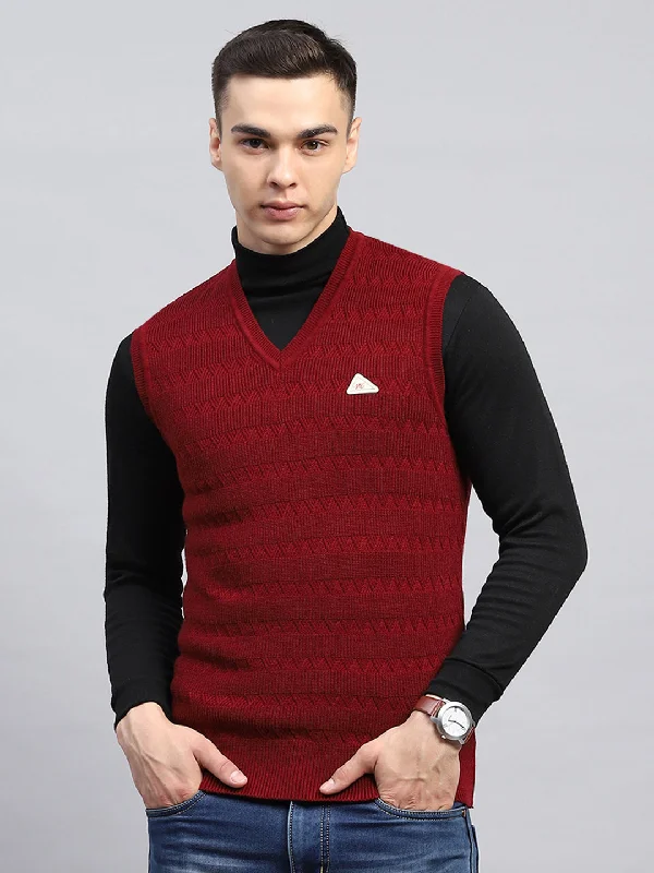 Men Maroon Self Design V Neck Sleeveless Sweater