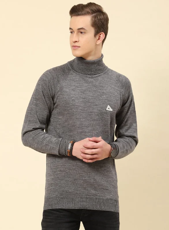 Men Grey Solid Blend wool Pullover