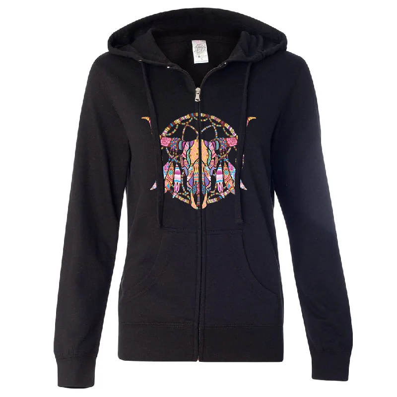 Cow Skull Mosaic Ladies Lightweight Fitted Zip-Up Hoodie