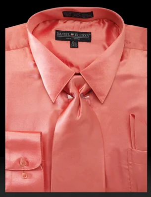 Satin Dress Shirt Convertible Cuff Regular Fit in Coral With Tie And Pocket Square