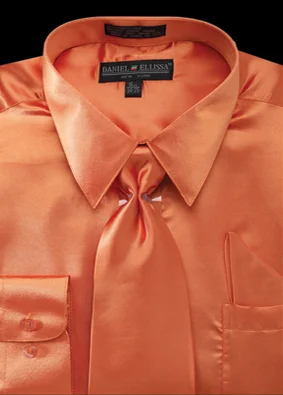 Satin Dress Shirt Convertible Cuff Regular Fit in Orange With Tie And Pocket Square