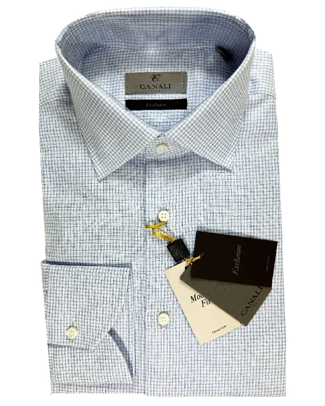 Canali Dress Shirt Exclusive White Blue Houndstooth - Modern Fit 39 - 15 1/2