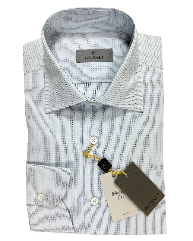 Canali Dress Shirt White Blue Navy Striped Micro Pattern - Modern Fit 39 - 15 1/2