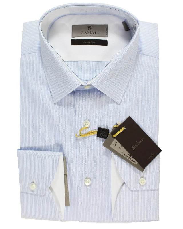 Canali Dress Shirt White Blue Patterned Stripes 40 - 15 3/4 - Exclusive Collection