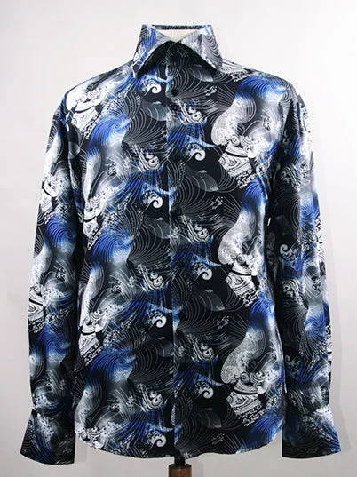 Dress Shirt Regular Fit Ukiyo-e Inspired Style Pattern In Black/Royal Blue