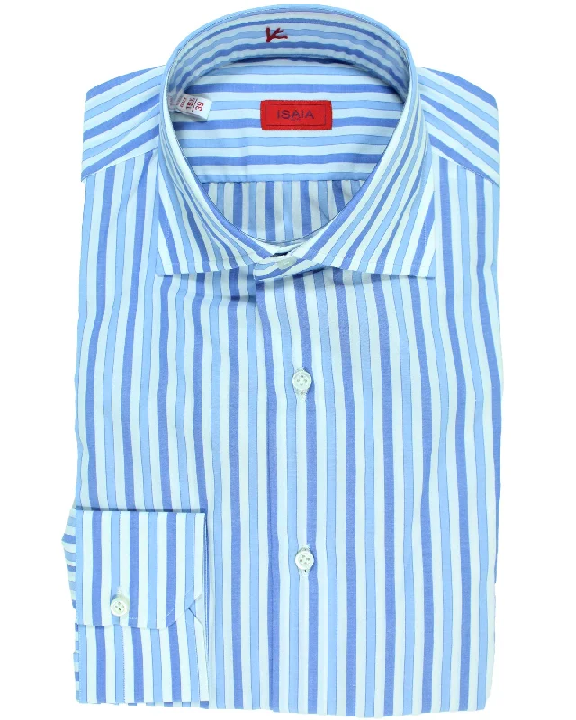 Isaia Dress Shirt White Blue Stripes 39 - 15 1/2 Regular Fit