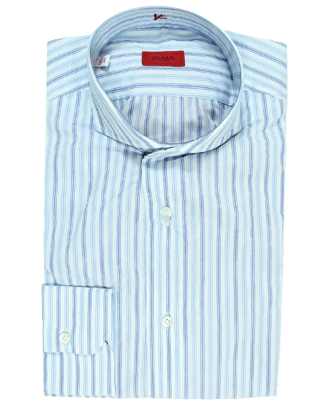 Isaia Dress Shirt White Blue Stripes 39 - 15 1/2 Cutaway Collar