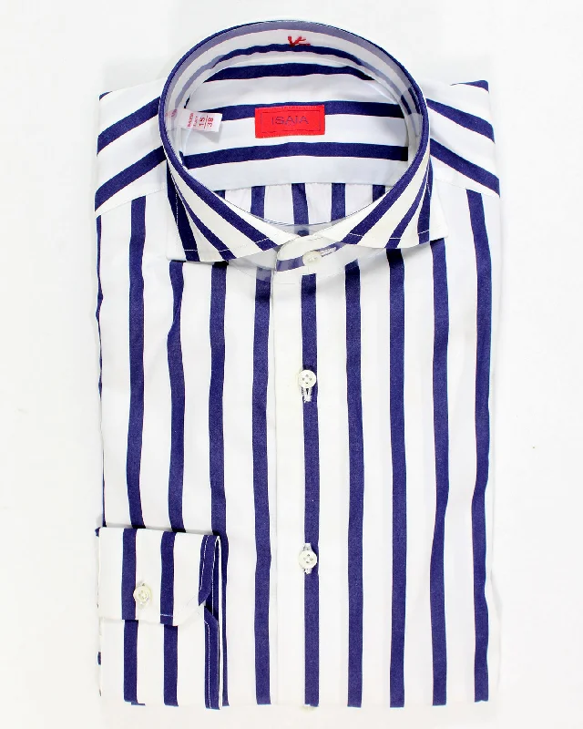 Isaia Dress Shirt White Navy Bengal Stripes 38 - 15